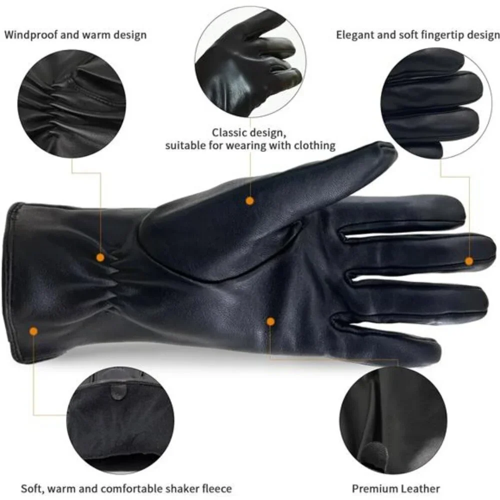 New Luxury Italian Soft Leather Gloves Fleece Lined Economic Black for Women